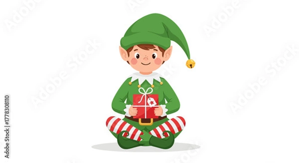 Obraz Santa's Little Helper Holding a Present Vector Illustration