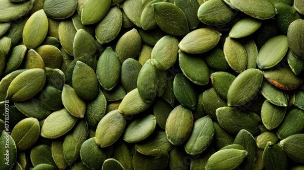 Obraz Dense layer of green pumpkin seeds filling the frame, texture emphasized