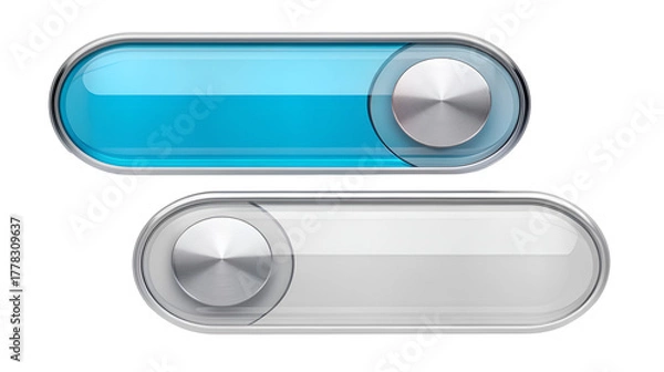 Obraz Glossy 3D toggle switch buttons showing both the active blue 'On' state and the inactive gray 'Off' state isolated on transparent background