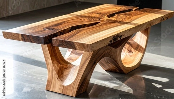 Obraz A stunning handcrafted wooden table with an artistic curved base and a split-top design showcasing natural grain patterns. Perfect blend of modern art and organic craftsmanship for any stylish space