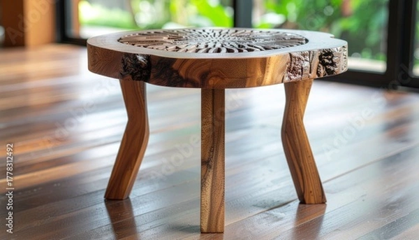 Obraz A beautifully handcrafted wooden table featuring elegant curved legs and a stunning wavy carved top, blending artistry and functionality to create a timeless piece of fine furniture