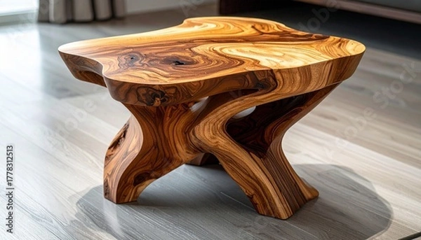 Obraz A sculptural wooden side table carved from a single block, showcasing flowing organic curves and rich natural wood grain — blending artistry, craftsmanship, and modern rustic elegance in one piece