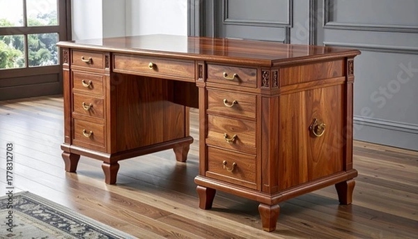 Obraz A finely crafted wooden office desk with a smooth polished surface and brass handles stands elegantly in a bright room, reflecting timeless design, durability, and a sense of refined professionalism