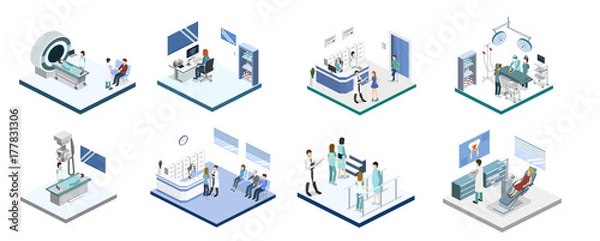 Fototapeta Isometric 3D vector illustration set of reception, mrt, x-ray, surgery, rehabilitation and dentist