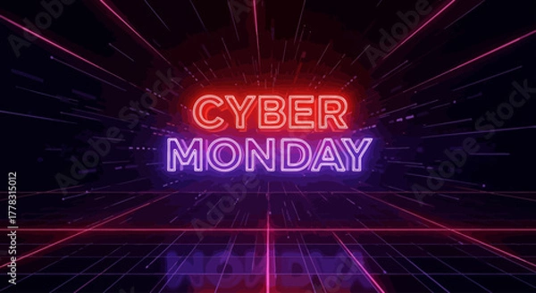 Fototapeta Cyber Monday Red Violet Neon Grid Background