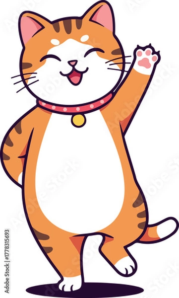 Obraz Cute Orange Tabby Cat Waving Hello with Pink Collar Isolated