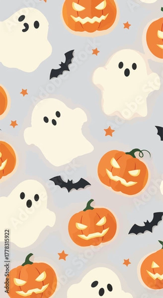 Obraz Cute Pixel Ghost Pumpkins Bats Seamless Halloween Pattern Pastel Gray Background