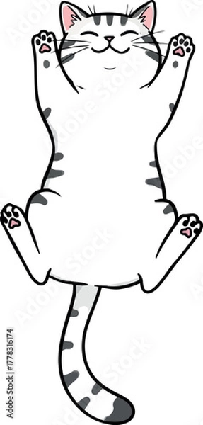 Obraz Cute White Cat Lying on Back with Paws Up and Closed Eyes