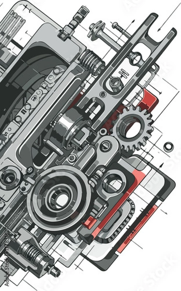 Obraz Detailed Mechanical Assembly with Gears Cogs and Red Accents on Blueprint Background