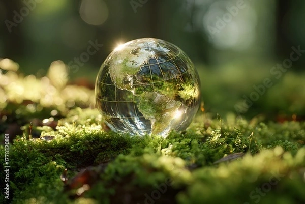 Fototapeta A glass globe depicting the Earth rests on vibrant green moss in a sunlit forest