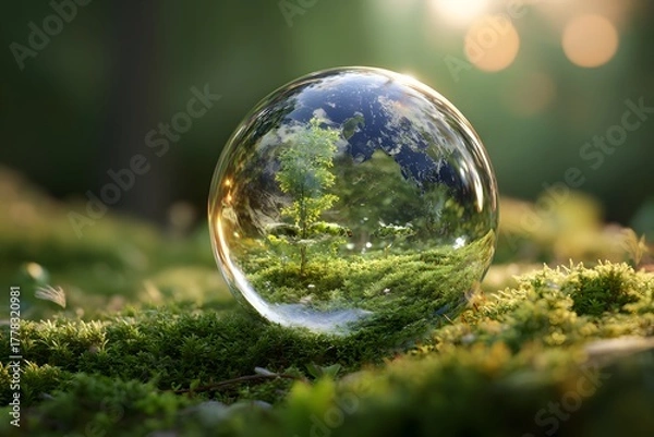 Obraz A glass sphere reflecting greenery and soft sunlight on moss