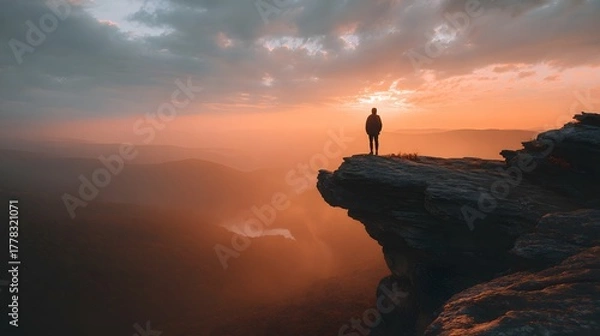 Obraz A person stands on a rocky cliff overlooking a misty valley at sunset