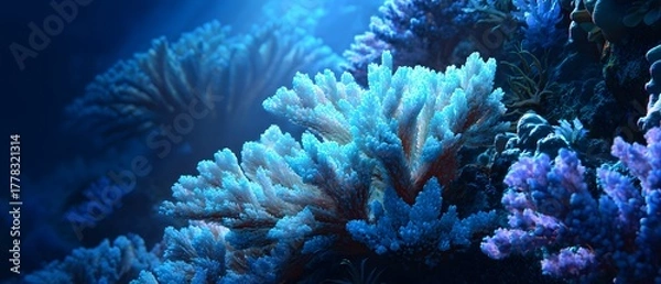 Fototapeta Vibrant coral formations illuminated by soft blue light