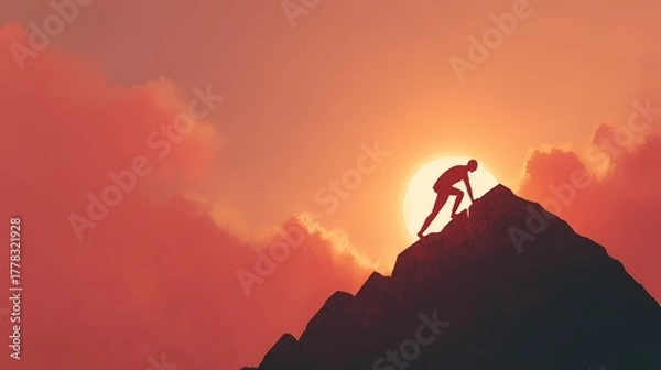 Fototapeta A silhouette of a climber ascending a rocky peak against a vibrant sunset