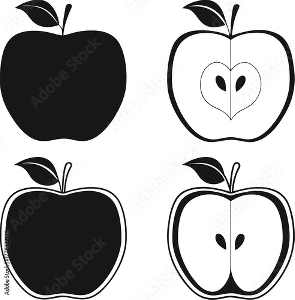 Fototapeta Black and white vector illustrations of whole and halved apples with leaves fruit