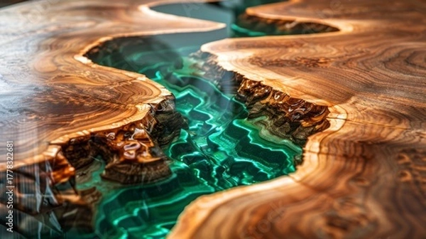 Fototapeta Detail of modern furniture: Glowing teal epoxy resin flowing through natural live-edge wood slabs. Abstract texture background concept for luxury interior design and custom woodworking craft.