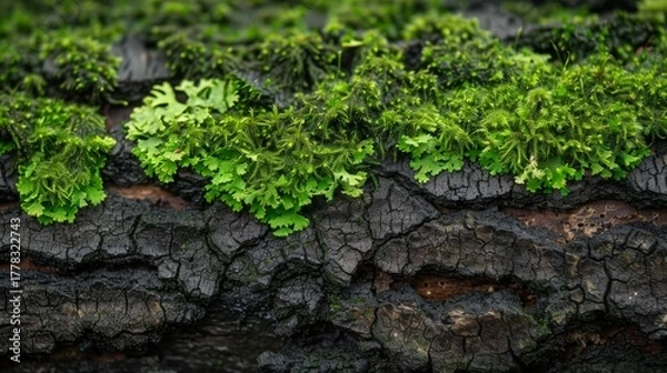 Fototapeta Macro close-up of green moss and lichen on dark, cracked tree bark. Strong texture and color contrast. Symbolizing growth, forest, and nature background.