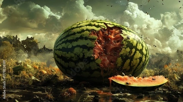 Fototapeta image of a watermelon that is starting to rot