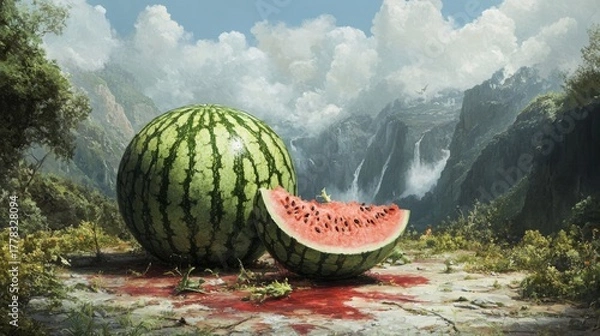 Fototapeta image of a watermelon that is starting to rot