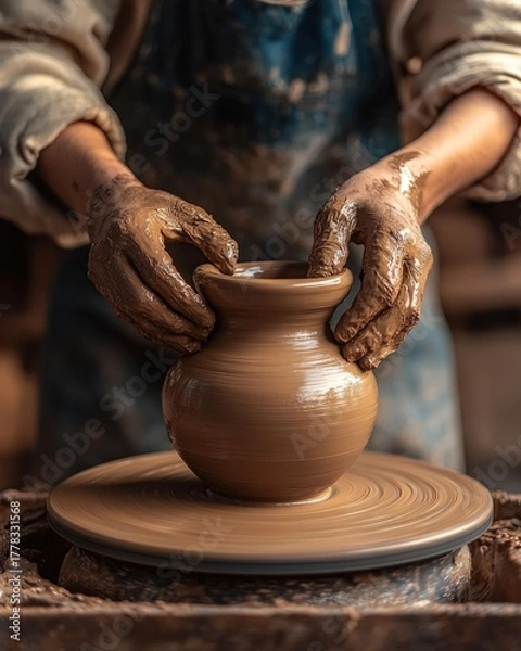Fototapeta Crafting Clay Vase on Potter's Wheel