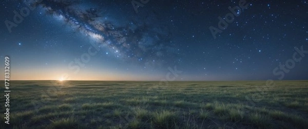 Obraz Breathtaking panorama of starry sky with milky way and serene grassy landscape at twilight, showcasing nature's beauty