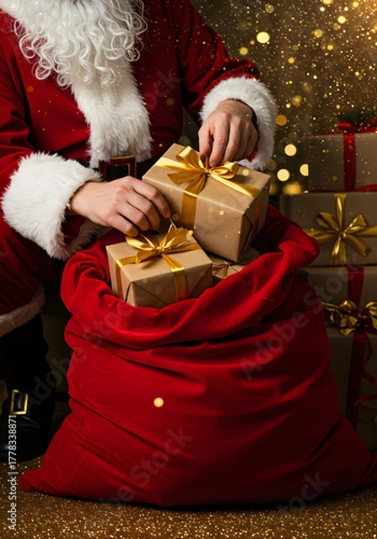 Fototapeta Santa Claus kneeling beside a huge red velvet sack, meticulously placing wrapped presents inside, close-up on hands adjusting ribbons and bows, golden sparkle dust in the air,