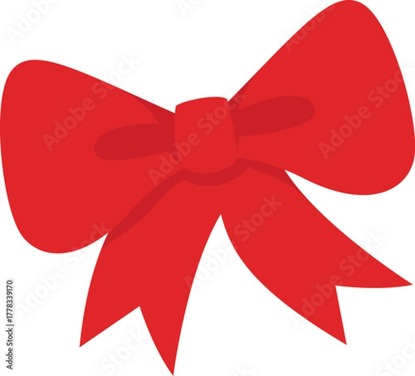 Fototapeta red gift bow with long tails, glossy ribbon texture, flat vector icon isolated on white. perfect for gift-wrapping graphics, tags, labels, and holiday promotions.