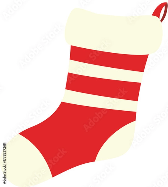 Obraz Red striped Christmas stocking with creamy cuff and heel, hanging loop detail, cozy festive sock in minimal flat style, isolated on white for seasonal cards and decor. Cute Christmas Element clipart