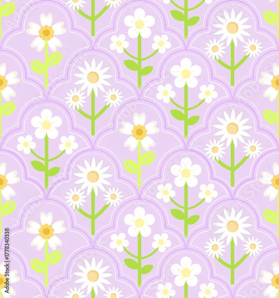 Obraz Cottagecore Daisy Garden Seamless Pattern on Pastel Scallop Background.