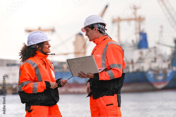 Obraz A team of diverse engineers in safety gear collaborates on a construction site, reviewing project plans on a laptop. A concept for teamwork, industrial project management, and engineering.