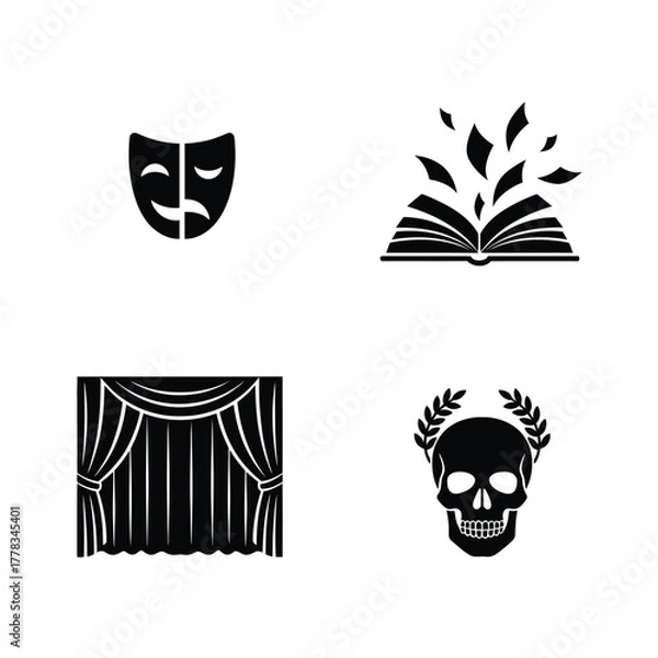 Fototapeta Collection of icon illustrations, featuring a theater mask, book, curtains, and a skull with a laurel wreath
