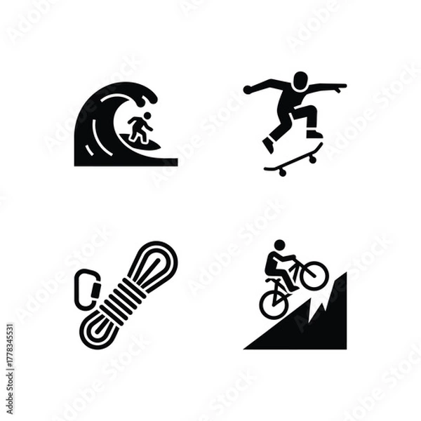 Fototapeta Set of four icons representing extreme sports and outdoor adventure activities including surfing, skateboarding, rock climbing, and mountain biking, ideal for web or print