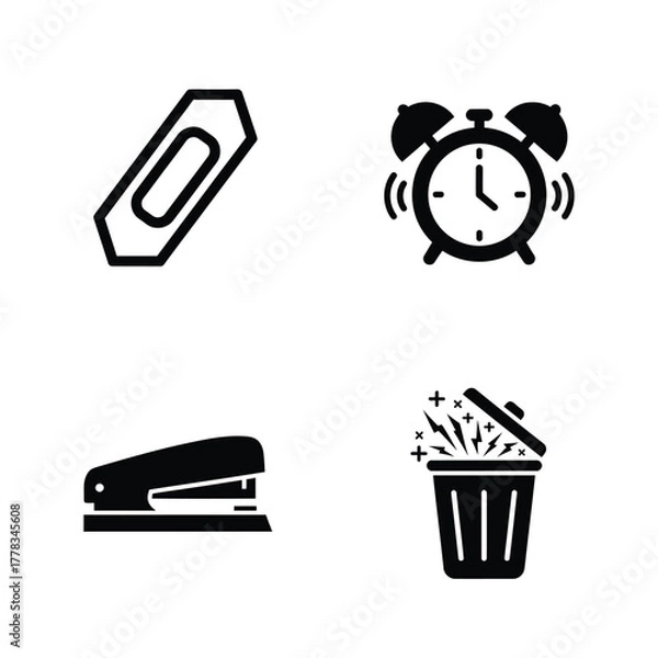 Fototapeta Office Supplies Bandage, Alarm Clock, Stapler, and Trash Can Icons for Work and Organization