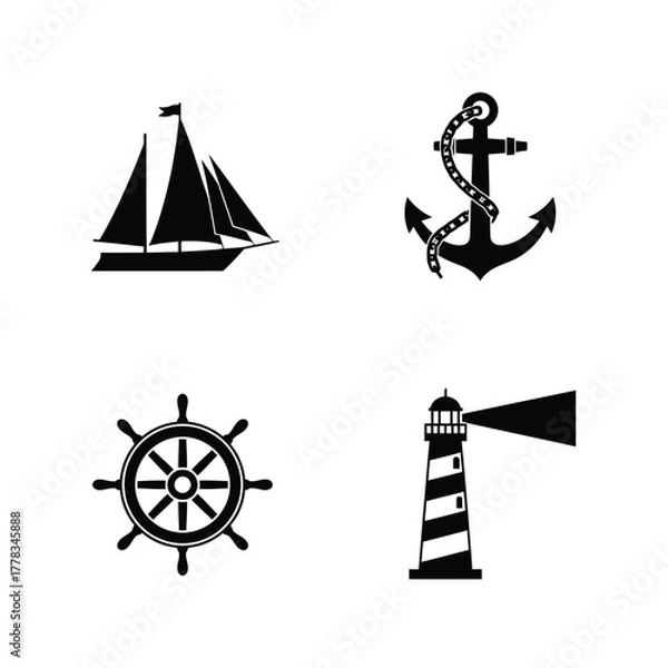 Fototapeta Versatile set of black silhouette icons representing classic nautical and maritime themes sailboat, anchor, ship's steering wheel, and lighthouse