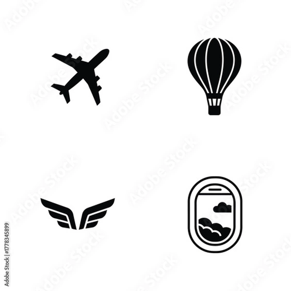 Fototapeta Travel Icons Set Airplane, Hot Air Balloon, Wings, and Airplane Window for Design