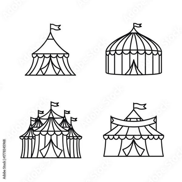 Fototapeta Collection of hand-drawn circus tents and marquees, depicting traditional entertainment venues