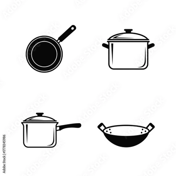 Fototapeta A set of four black and white kitchen utensil icons, featuring a frying pan, stockpot, saucepan, and wok for culinary design projects