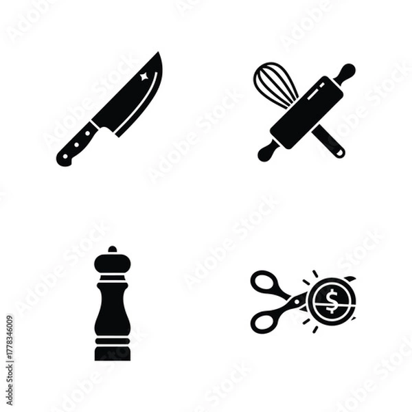 Fototapeta A conceptual collection of practical silhouette icons, featuring essential kitchen tools for culinary preparation alongside symbols of financial savings and budget efficiency