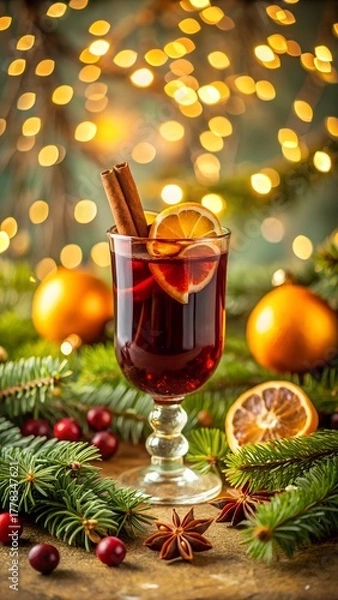 Fototapeta Cozy christmas mulled wine with cinnamon stick and orange slice garnished with cranberries and fir branches on a festive bokeh background