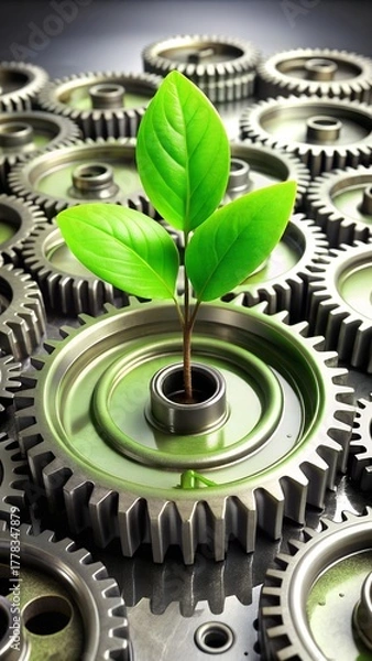 Fototapeta A vibrant green seedling sprouts from the center of a metallic gear symbolizing sustainable industry environmental responsibility and the growth of eco friendly technology