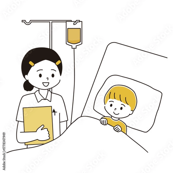 Obraz 点滴中の子どもと看護師のイラスト
