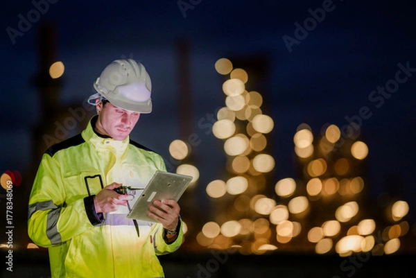 Fototapeta A diverse team of engineers, a man and a woman, in hard hats and safety vests. They are collaborating on a laptop and tablet during a night shift at an industrial site.