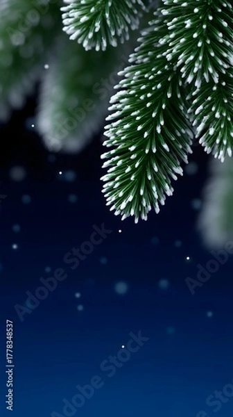 Obraz Frosted fir branches hang against a dark blue background with gentle snowfall and bokeh lights