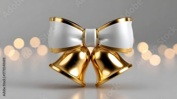 Fototapeta Elegant golden bells with a white satin bow and gold trim set against a soft blurred festive background with bokeh lights