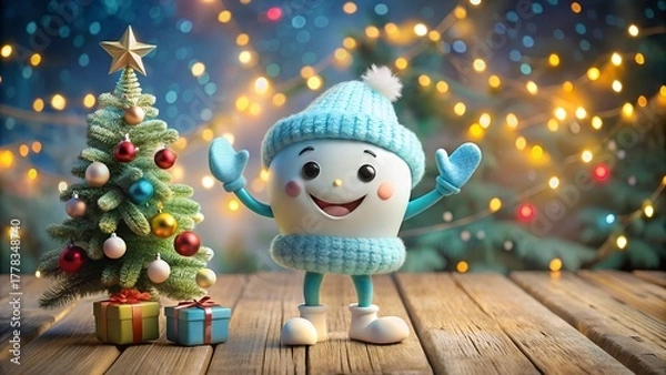 Fototapeta A cheerful cartoon snowball character wearing a blue knitted hat and scarf stands next to a decorated christmas tree with festive bokeh lights in the background
