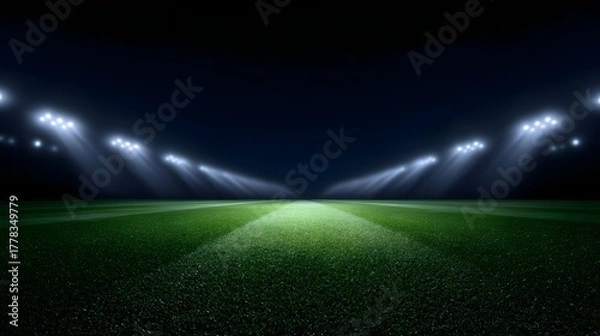 Obraz A modern football stadium pitch illuminated by dramatic floodlights at night