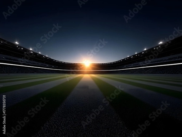 Obraz Empty sports stadium at golden hour with dramatic sun rays beaming across the illuminated pitch and grandstands