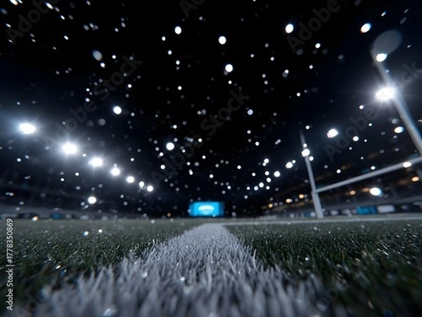 Obraz Low angle view of a sports stadium at night illuminated by bright lights and filled with glowing particles