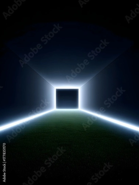 Fototapeta A glowing futuristic tunnel with a grassy floor leads to a bright ethereal exit creating a sense of depth and anticipation
