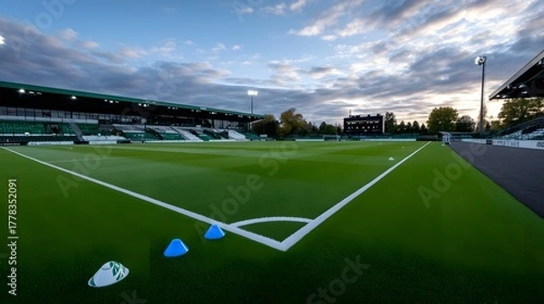Fototapeta Empty football stadium at dusk with training cones on the green pitch under dramatic skies